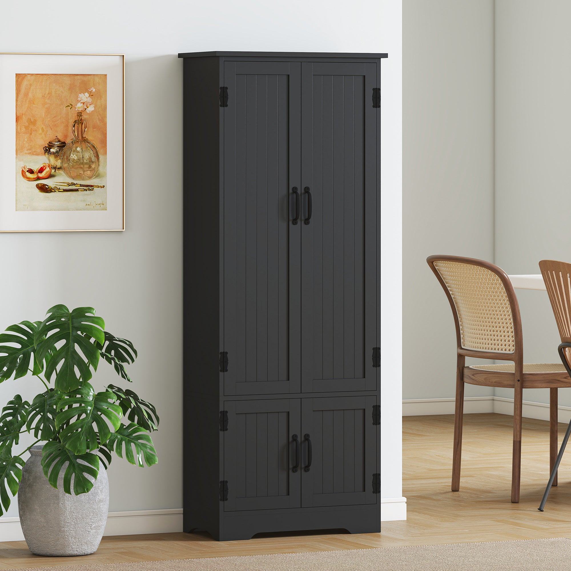 4-Door Storage Cabinet 60" Black Adjustable Shelves-DECOROLALA