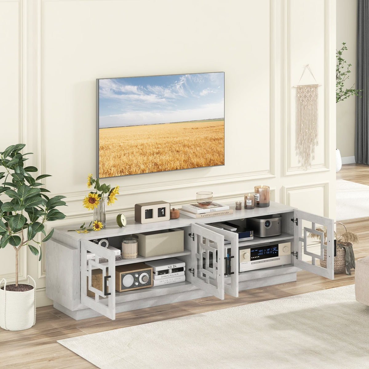 4-Door TV Stand for TVs up to 75 Inch Media Console Table with Adjustable Shelves-Oak-Entertainment Centers & TV Stands-DECOROLALA