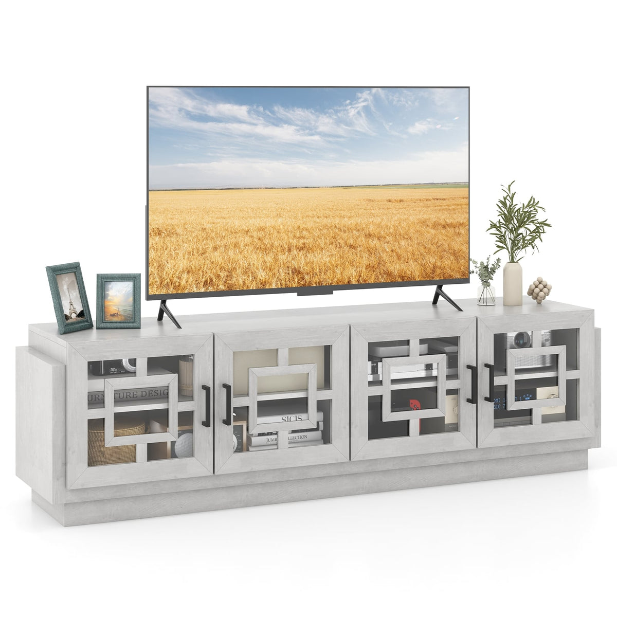 4-Door TV Stand for TVs up to 75 Inch Media Console Table with Adjustable Shelves-Oak-Entertainment Centers & TV Stands-DECOROLALA