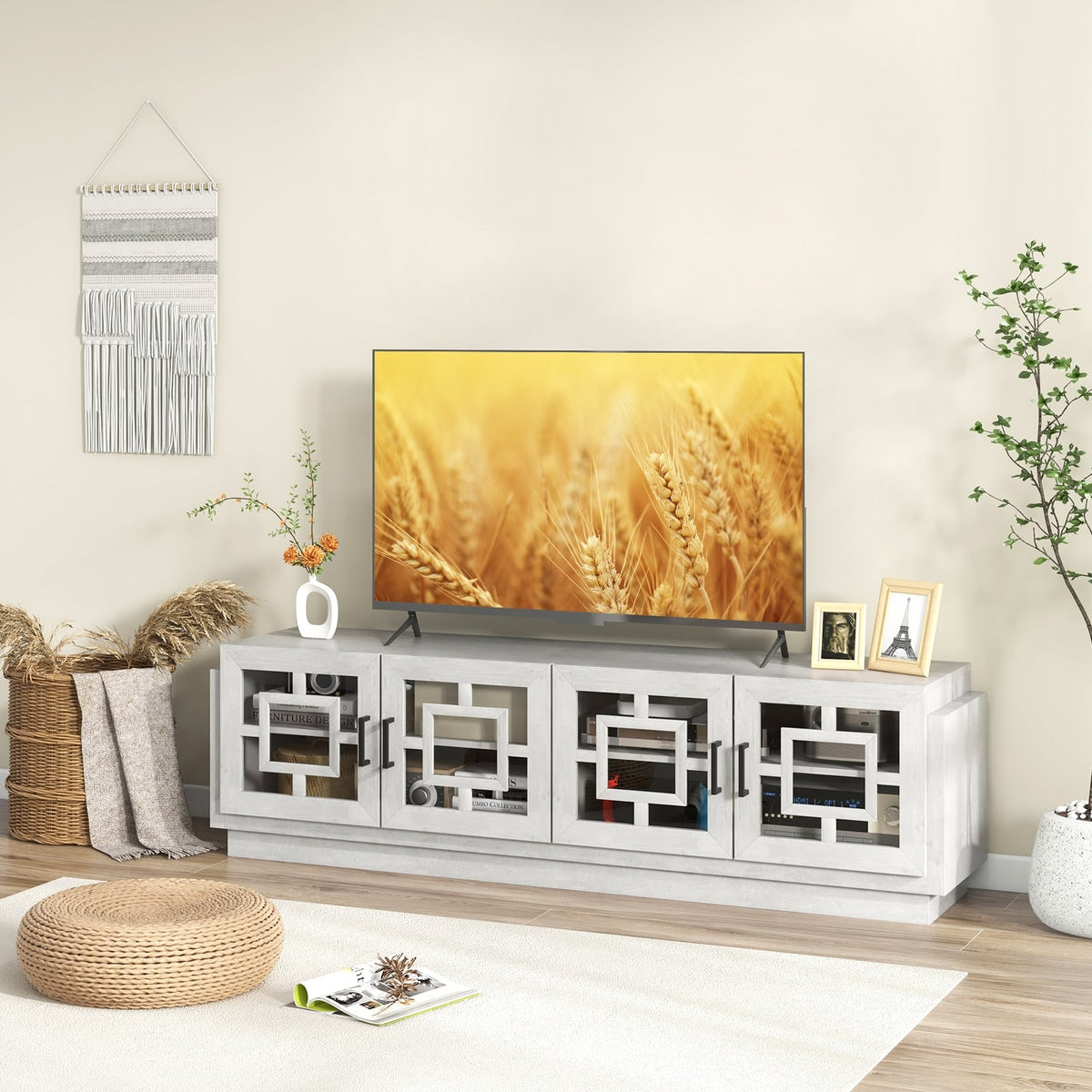 4-Door TV Stand for TVs up to 75 Inch Media Console Table with Adjustable Shelves-Oak-Entertainment Centers & TV Stands-DECOROLALA