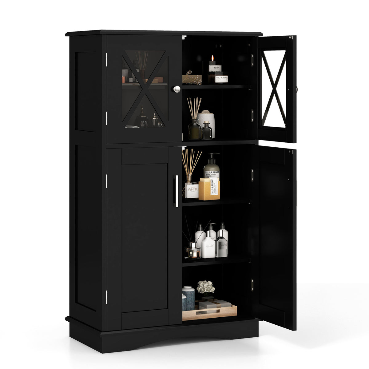 4-Door Bathroom Floor Cabinet with Adjustable Shelves - Black-Floor Cabinets-DECOROLALA