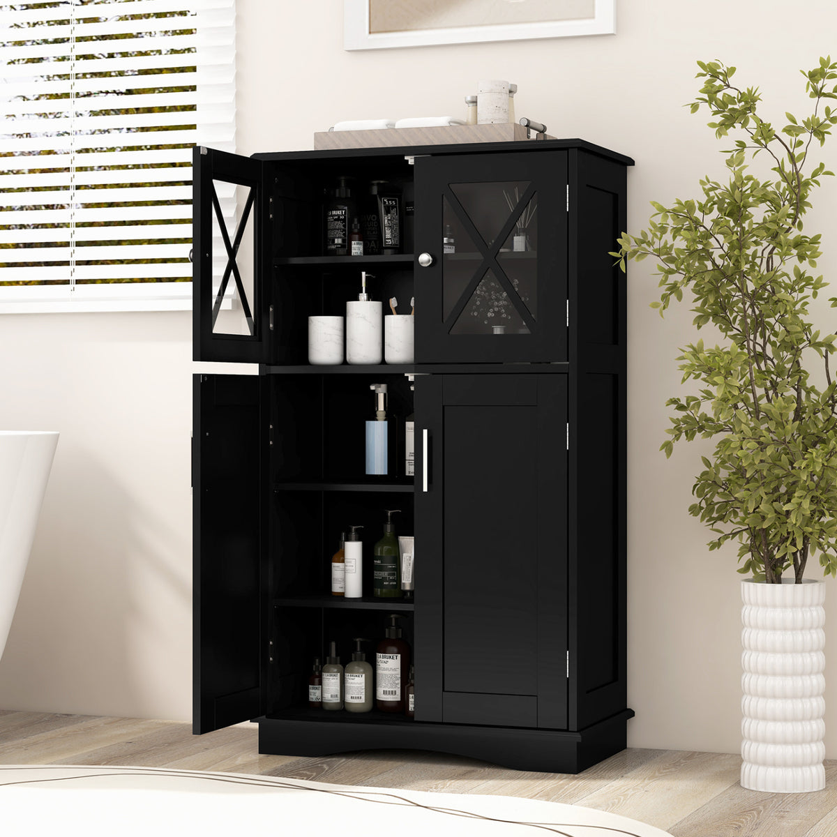 4-Door Bathroom Floor Cabinet with Adjustable Shelves - Black-Floor Cabinets-DECOROLALA