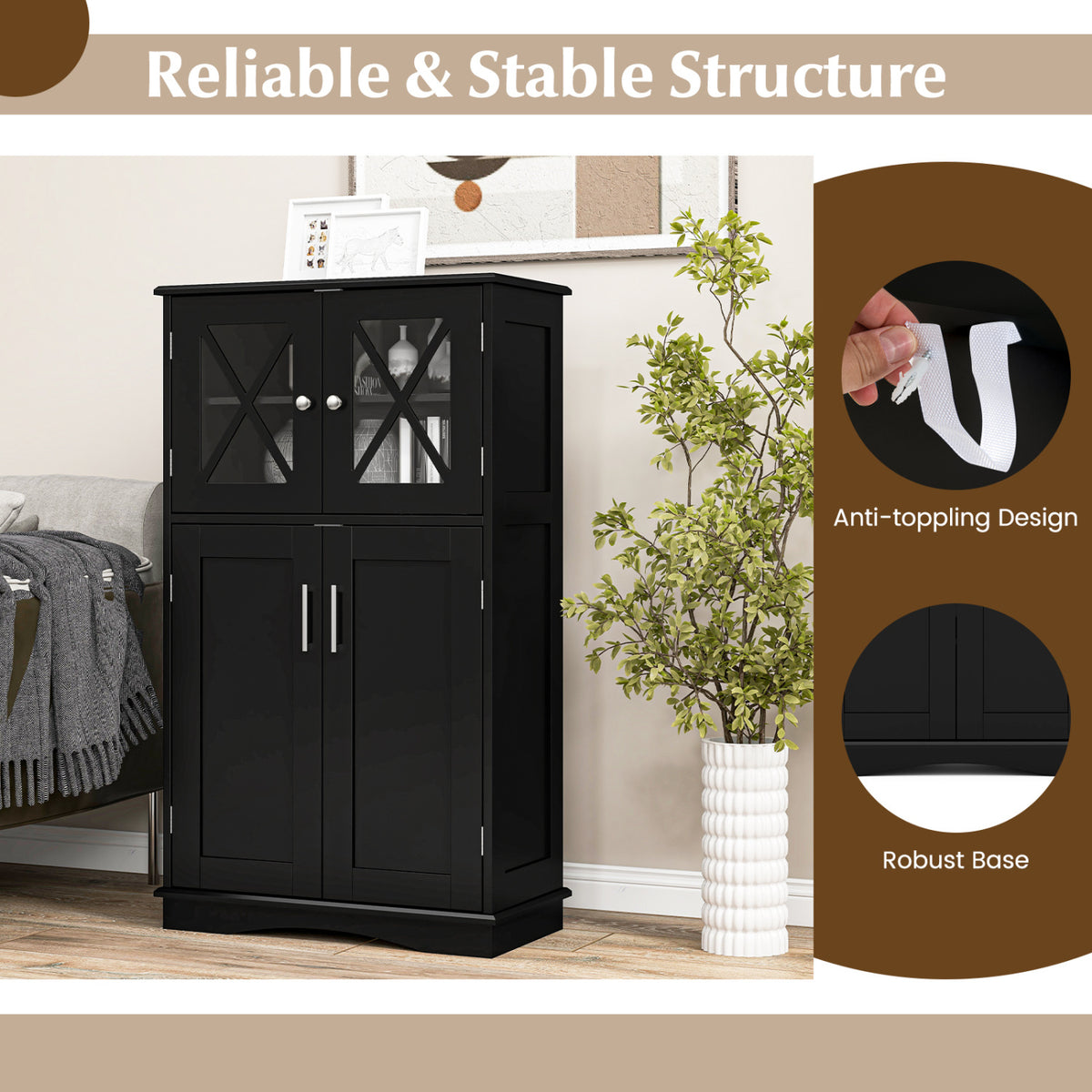 4-Door Bathroom Floor Cabinet with Adjustable Shelves - Black-Floor Cabinets-DECOROLALA