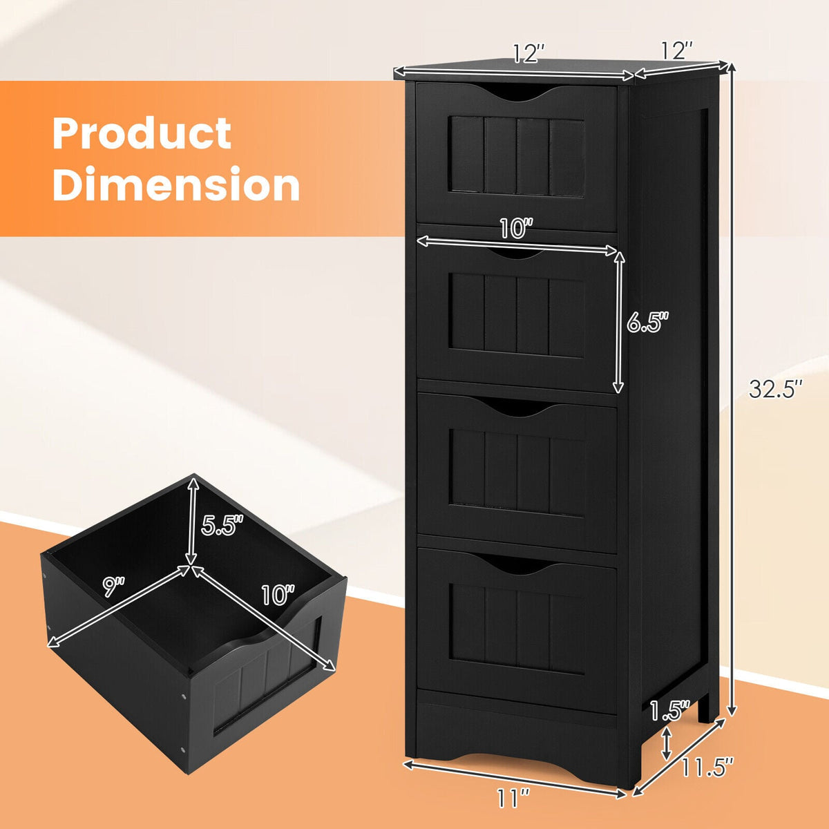 4-Drawer Bathroom Floor Cabinet - Black 12" x 12" x 32.5"-Floor Cabinets-DECOROLALA