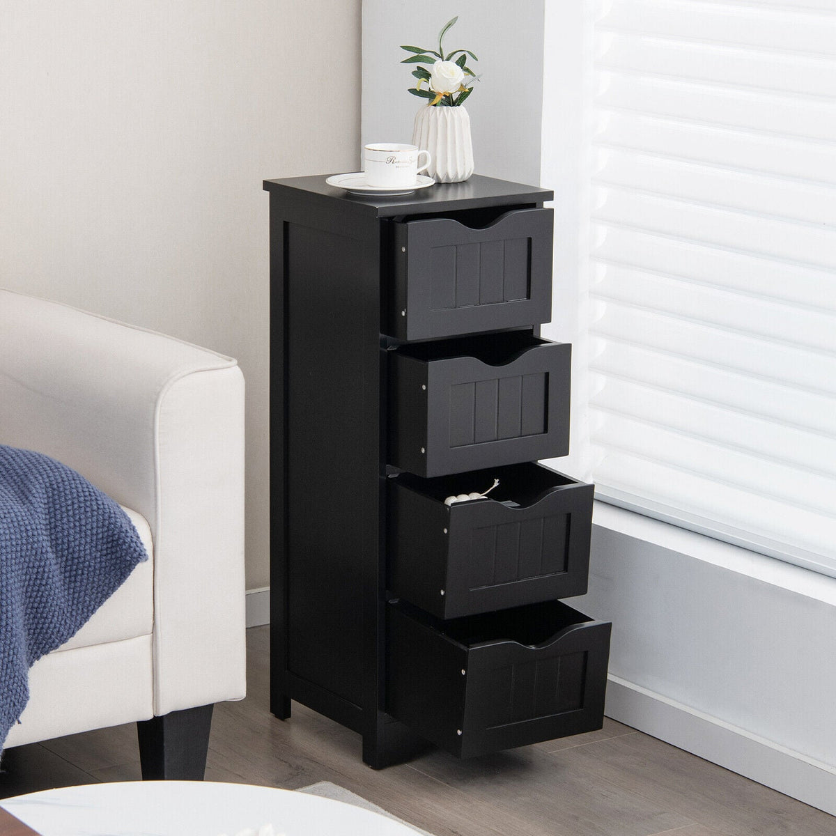4-Drawer Bathroom Floor Cabinet - Black 12" x 12" x 32.5"-Floor Cabinets-DECOROLALA