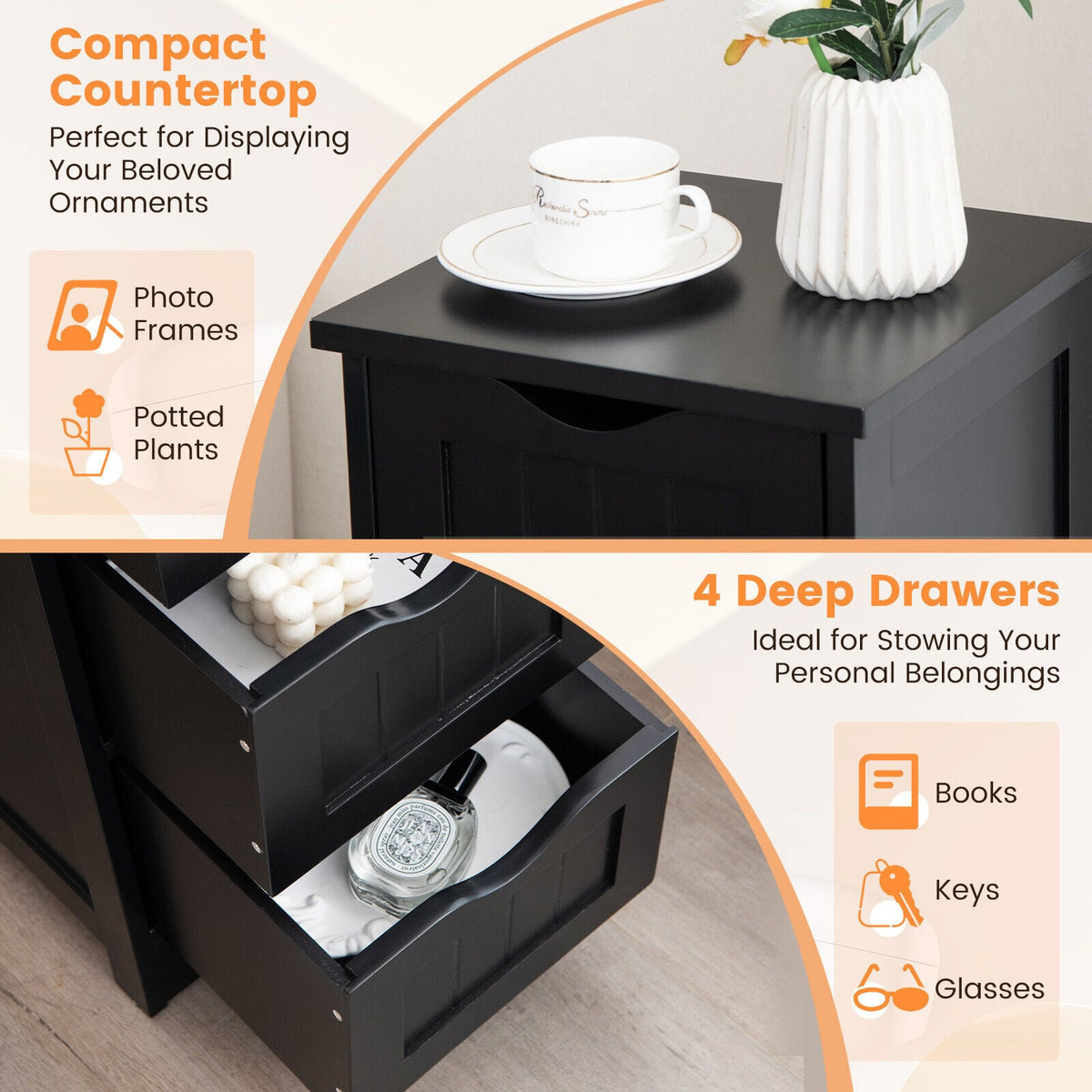 4-Drawer Bathroom Floor Cabinet - Black 12" x 12" x 32.5"-Floor Cabinets-DECOROLALA