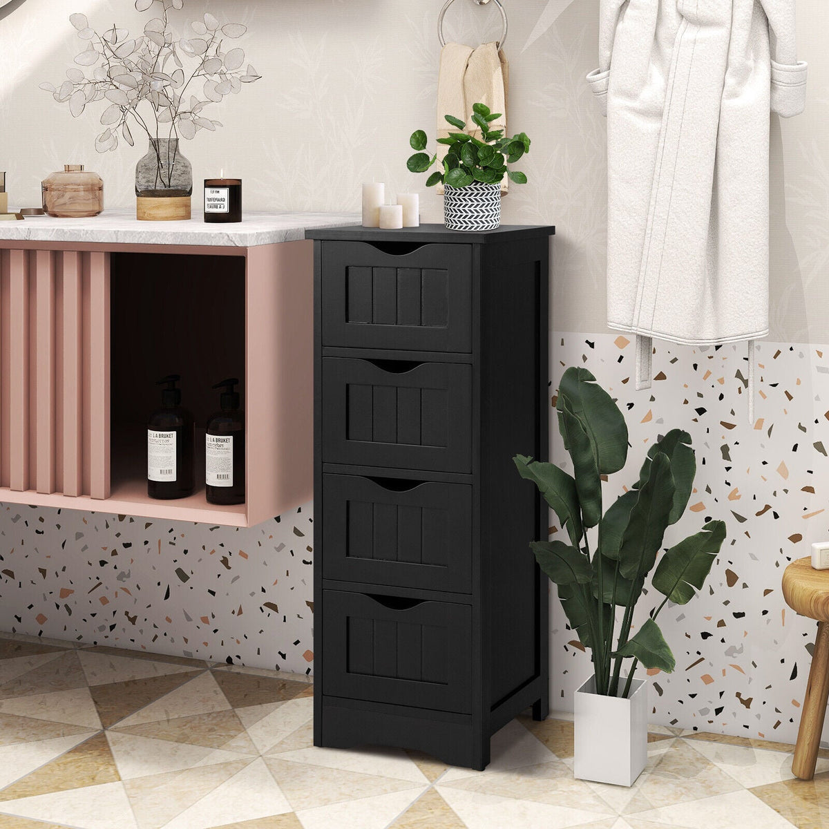 4-Drawer Bathroom Floor Cabinet - Black 12" x 12" x 32.5"-Floor Cabinets-DECOROLALA