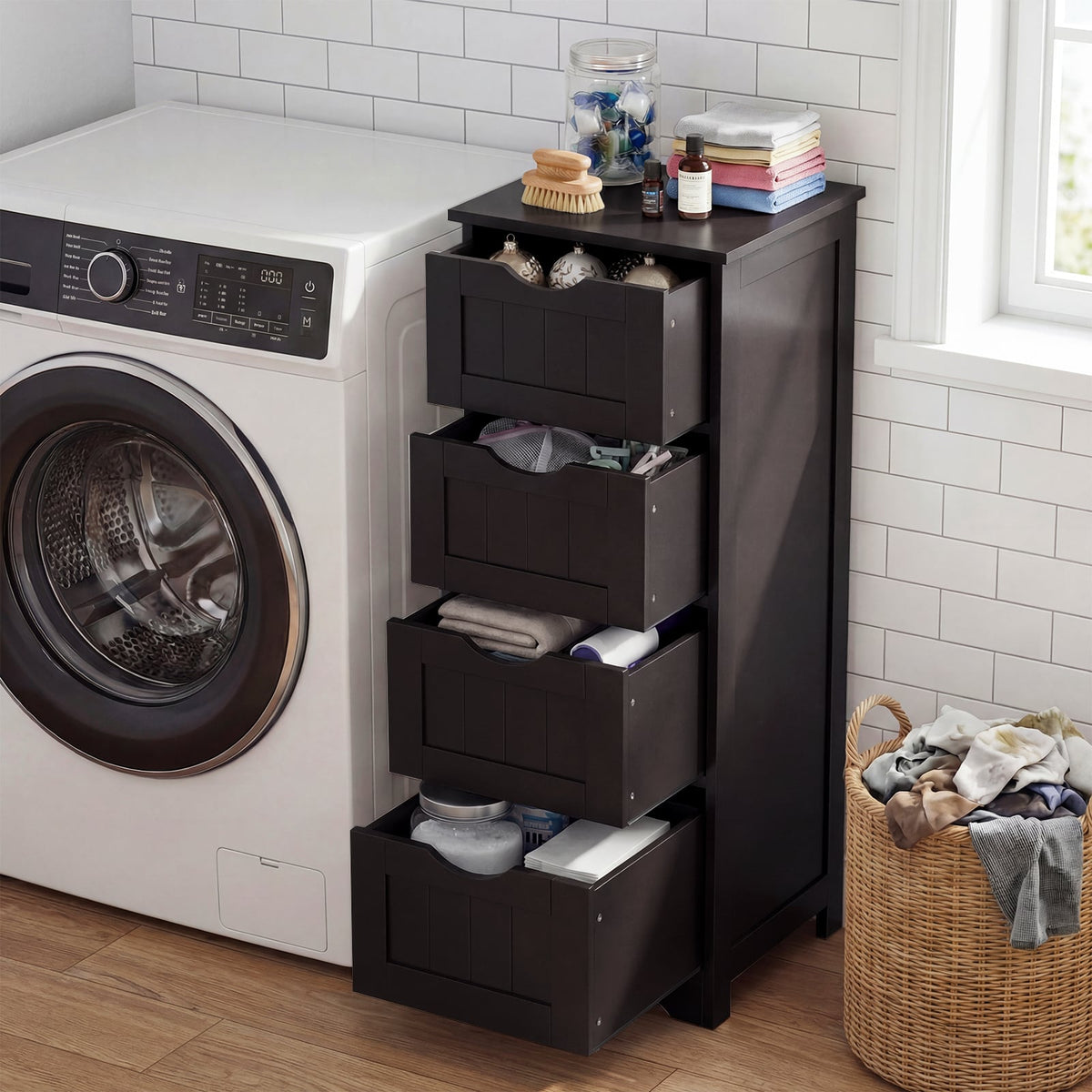 4-Drawer Bathroom Floor Cabinet - Dark Brown 12"x12"x32.5"-Floor Cabinets-DECOROLALA