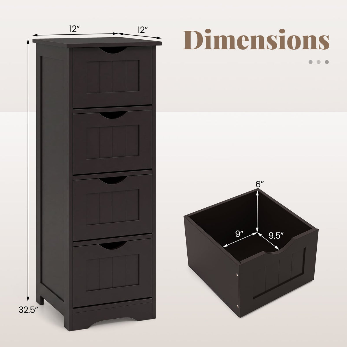 4-Drawer Bathroom Floor Cabinet - Dark Brown 12"x12"x32.5"-Floor Cabinets-DECOROLALA