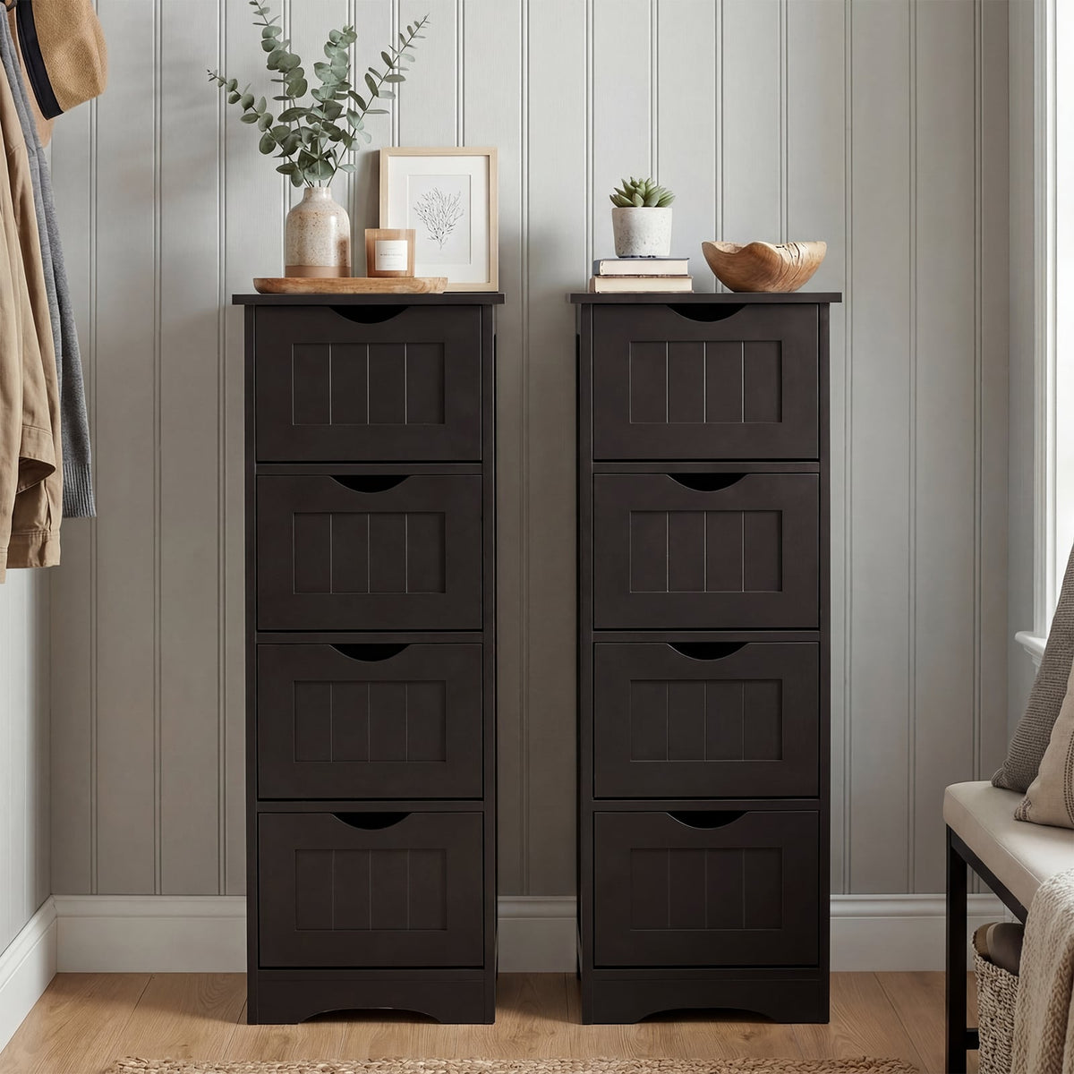 4-Drawer Bathroom Floor Cabinet - Dark Brown 12"x12"x32.5"-Floor Cabinets-DECOROLALA