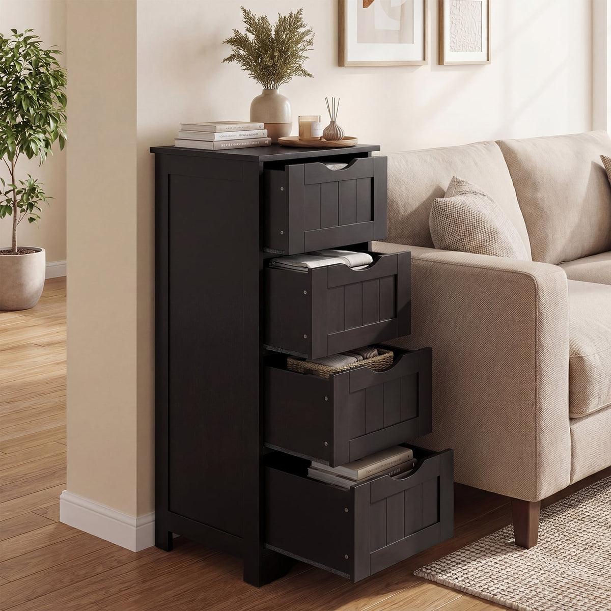 4-Drawer Bathroom Floor Cabinet - Dark Brown 12"x12"x32.5"-Floor Cabinets-DECOROLALA