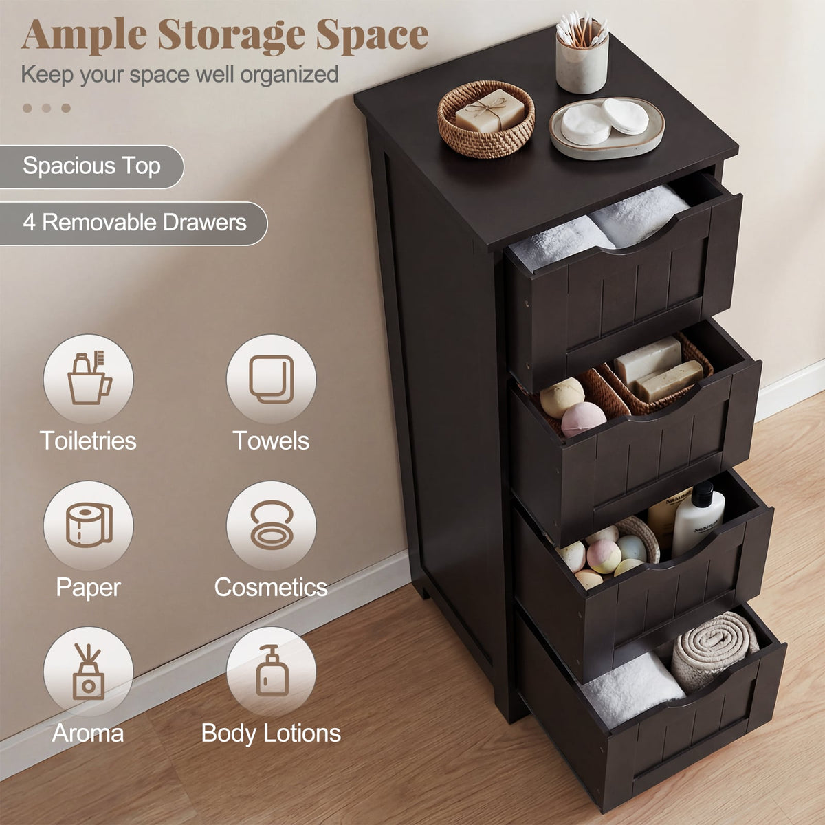 4-Drawer Bathroom Floor Cabinet - Dark Brown 12"x12"x32.5"-Floor Cabinets-DECOROLALA