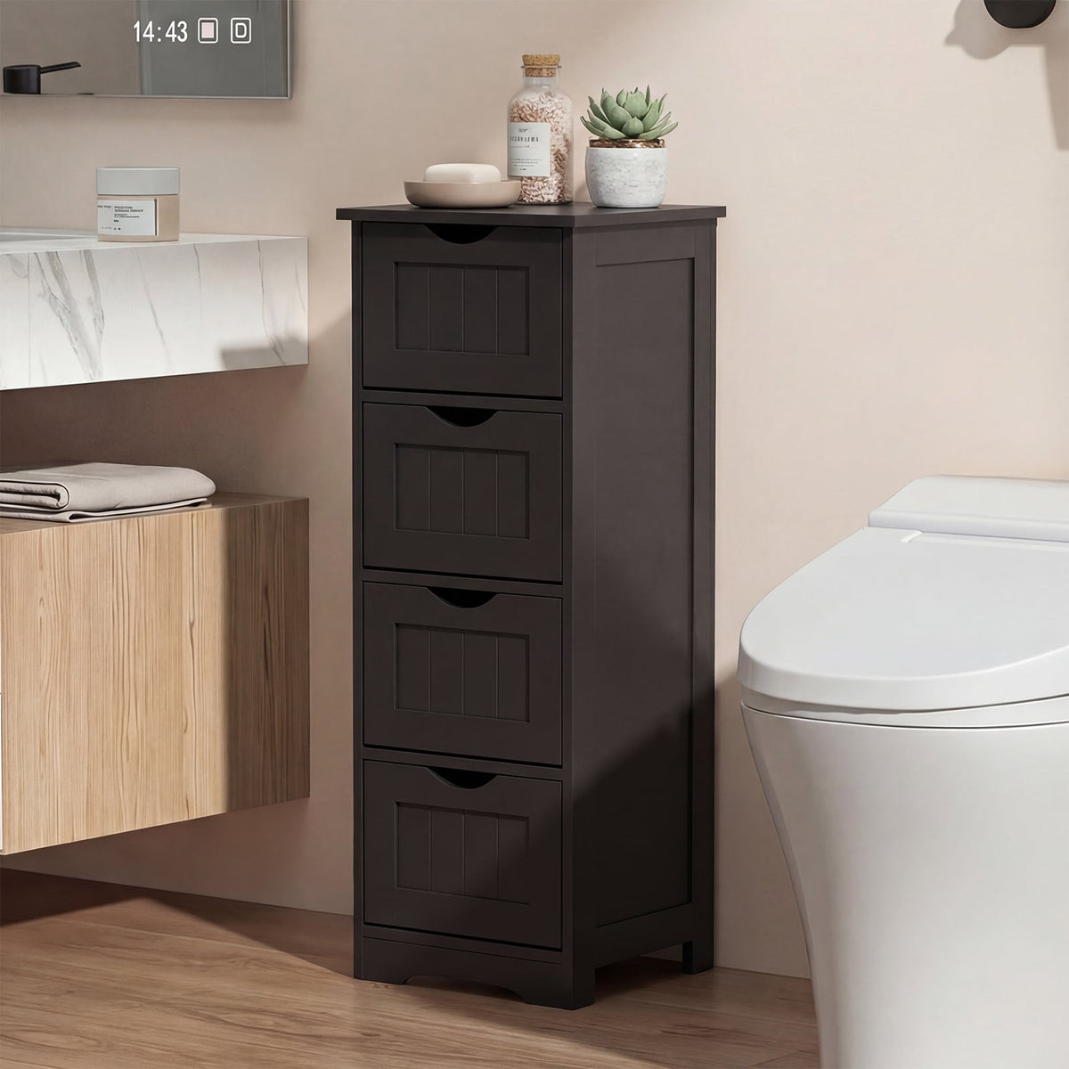 4-Drawer Bathroom Floor Cabinet - Dark Brown 12"x12"x32.5"-Floor Cabinets-DECOROLALA