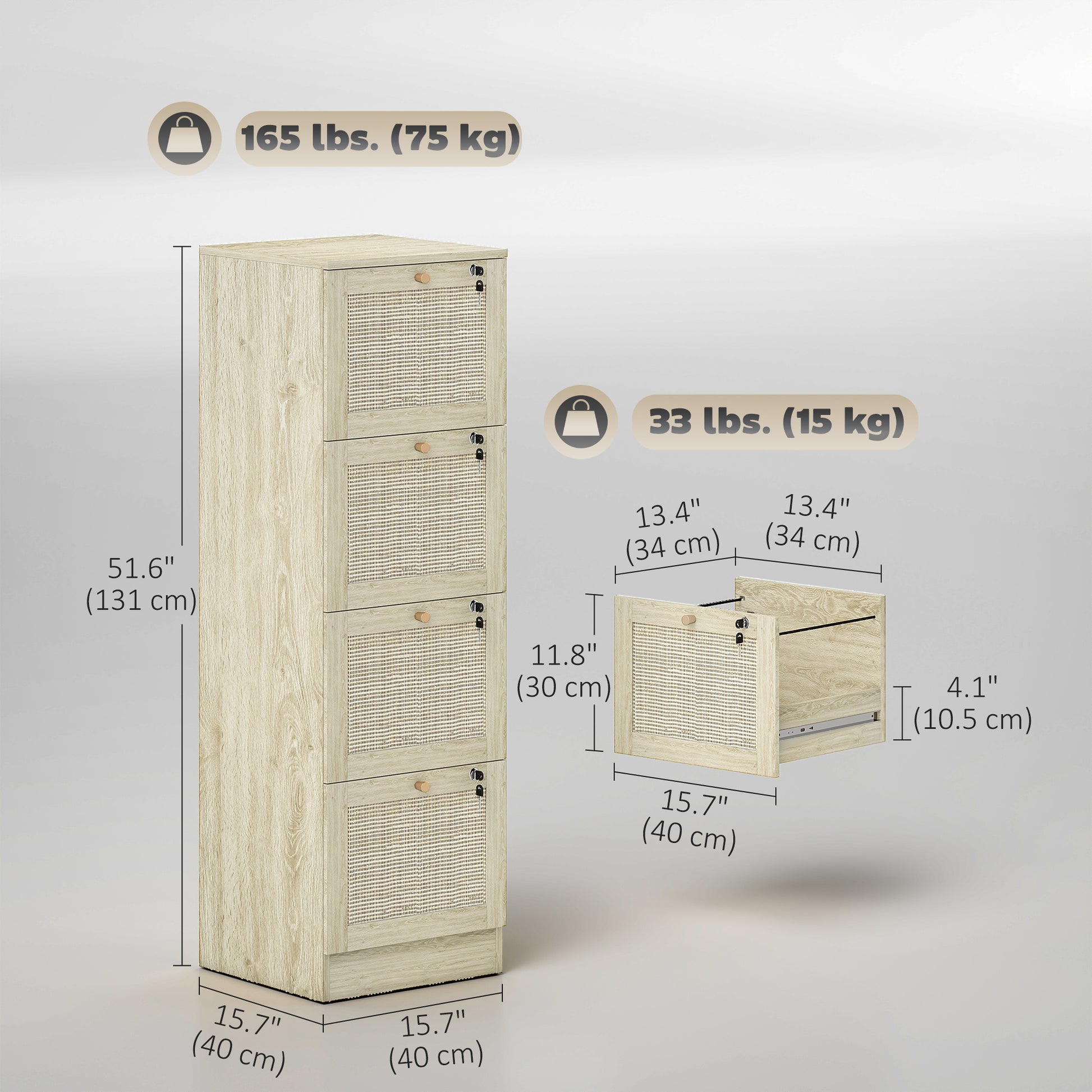 4-Drawer Boho Filing Cabinet with Lock - Oak Rattan-DECOROLALA