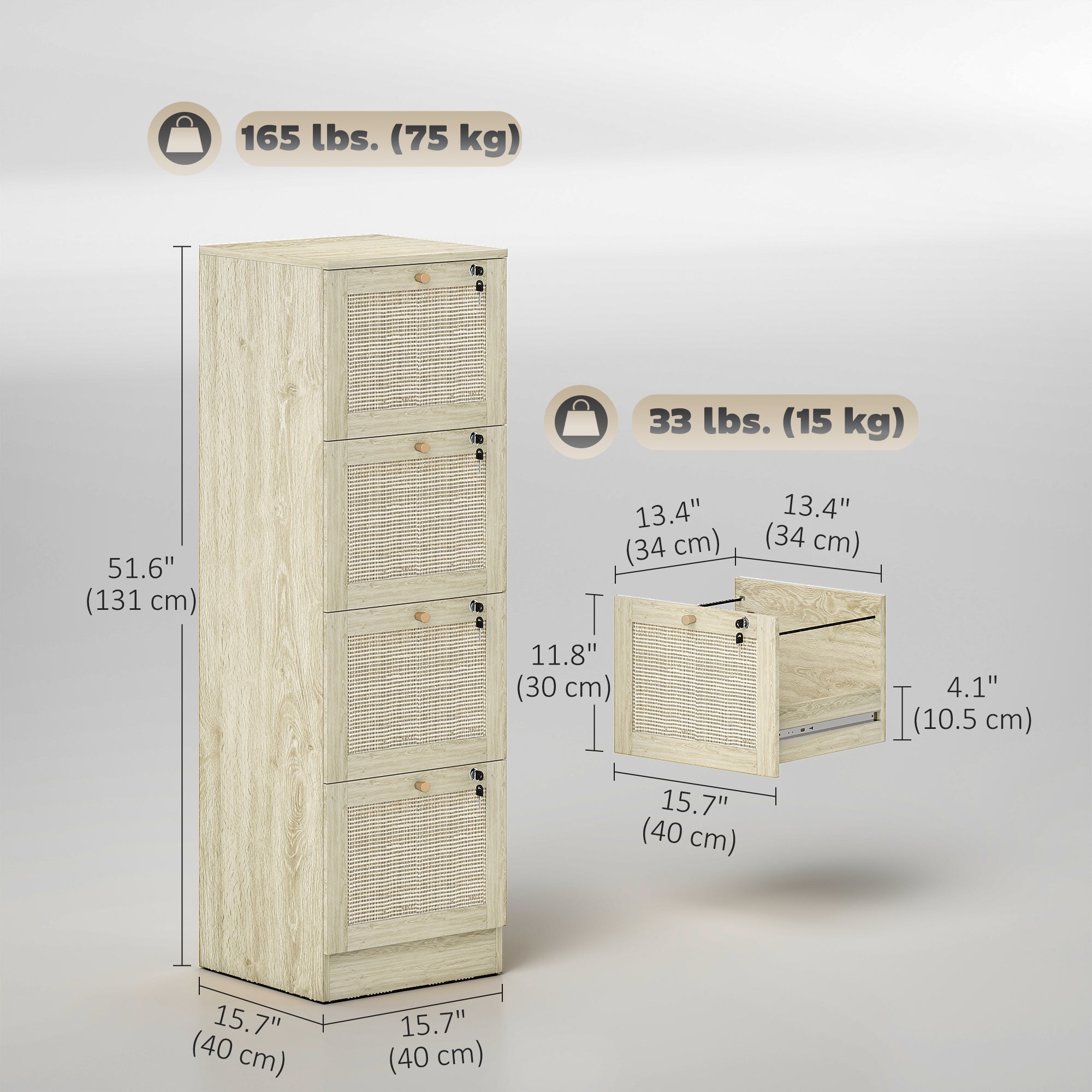 4-Drawer Boho Filing Cabinet with Lock - Oak Rattan-DECOROLALA