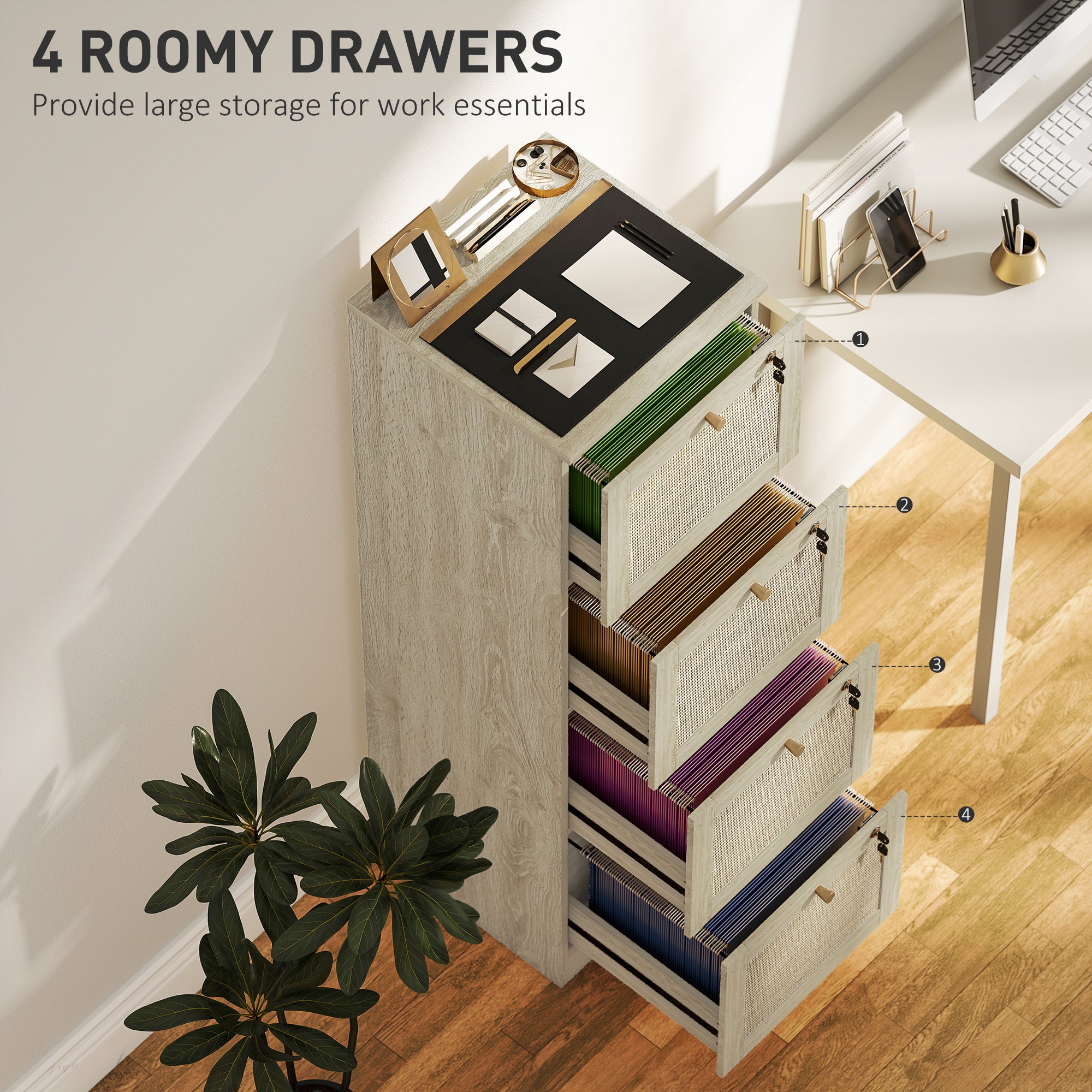 4-Drawer Boho Filing Cabinet with Lock - Oak Rattan-DECOROLALA