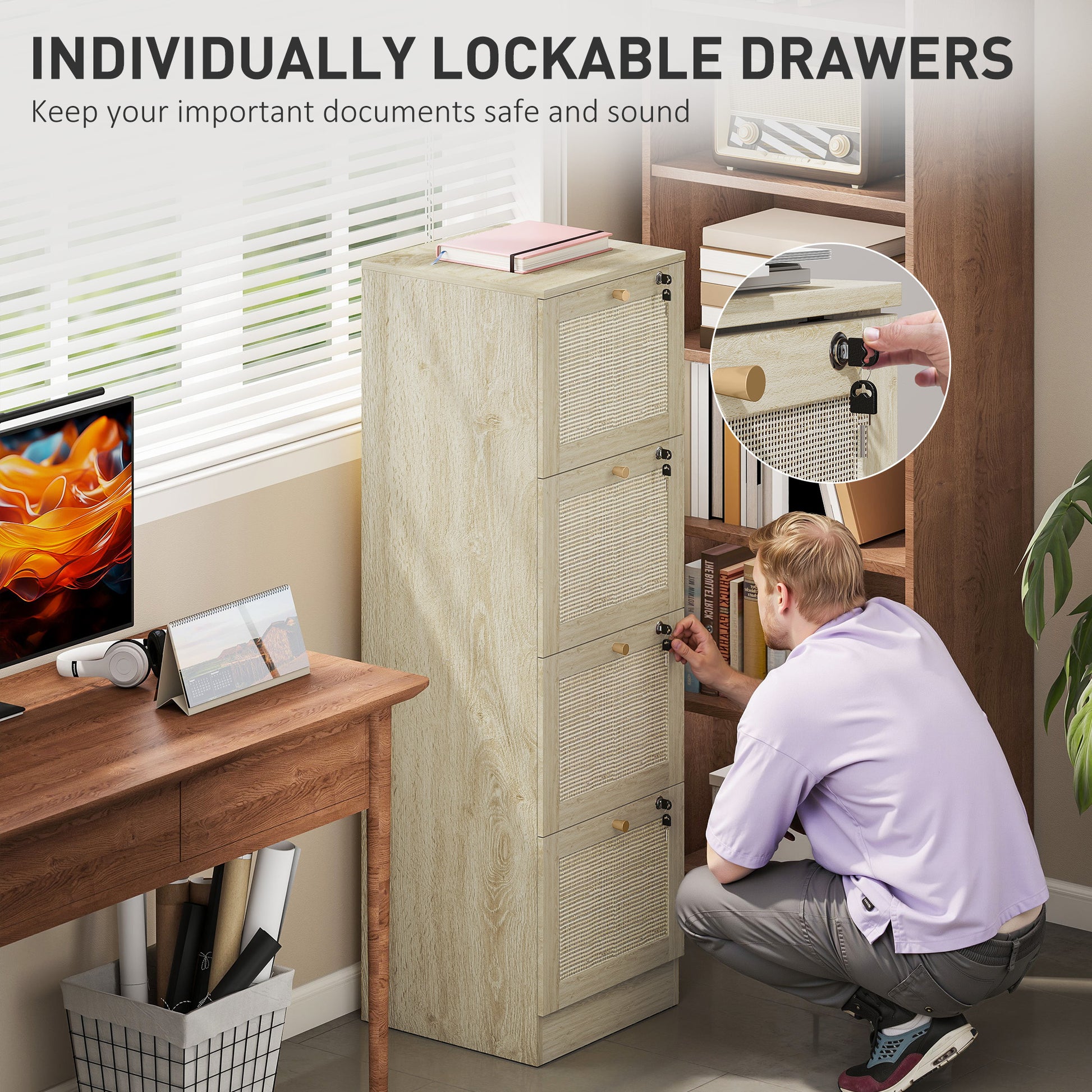 4-Drawer Boho Filing Cabinet with Lock - Oak Rattan-DECOROLALA