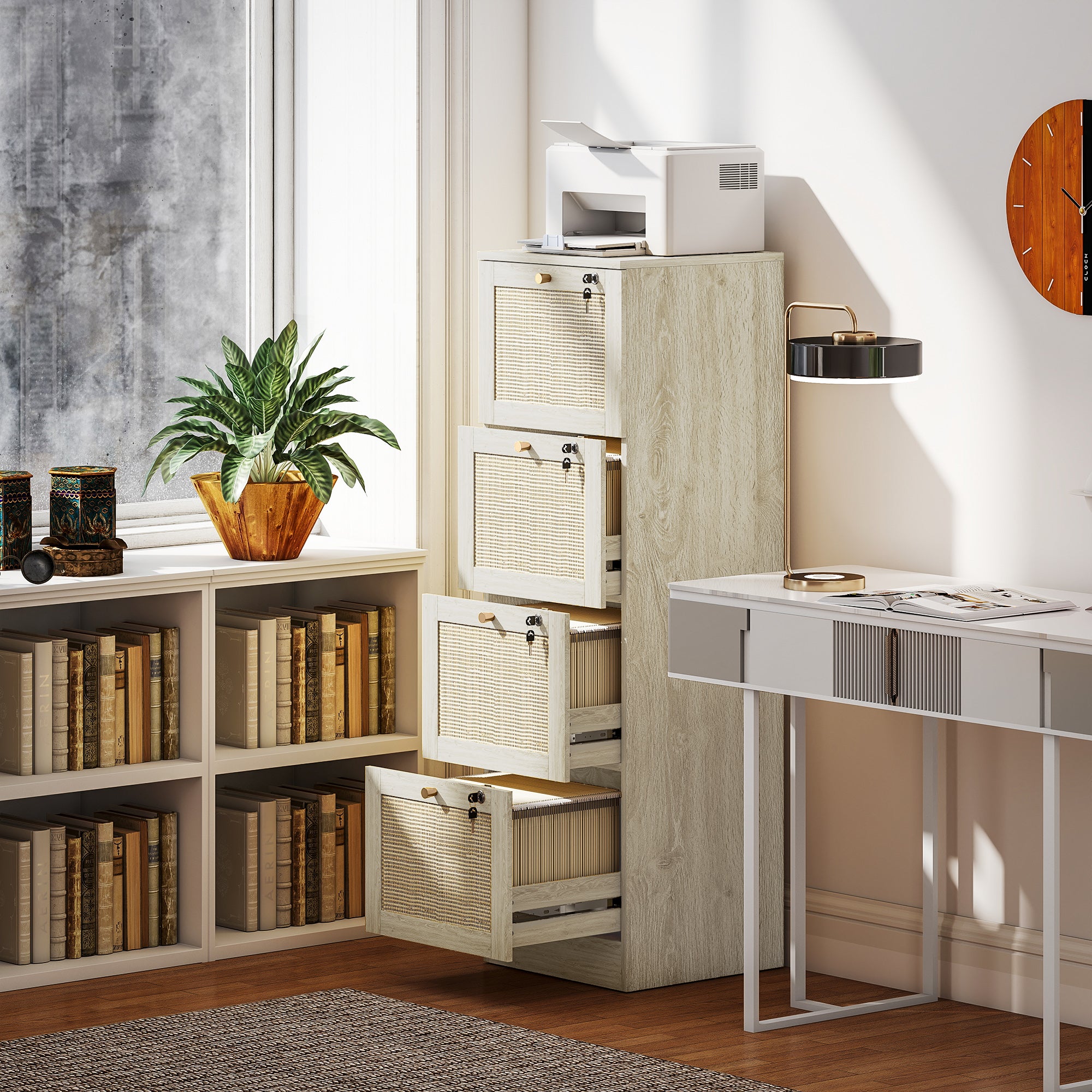 4-Drawer Boho Filing Cabinet with Lock - Oak Rattan-DECOROLALA