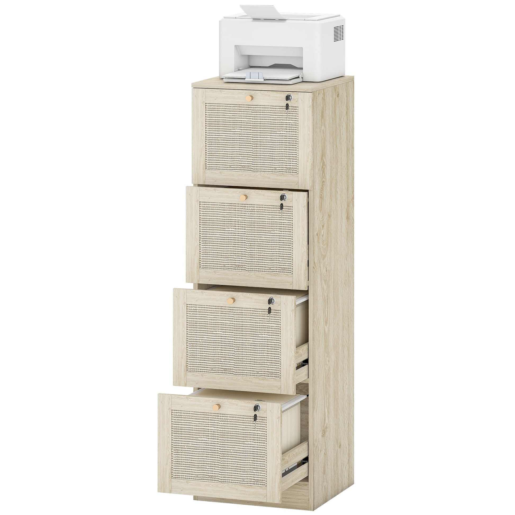 4-Drawer Boho Filing Cabinet with Lock - Oak Rattan-DECOROLALA