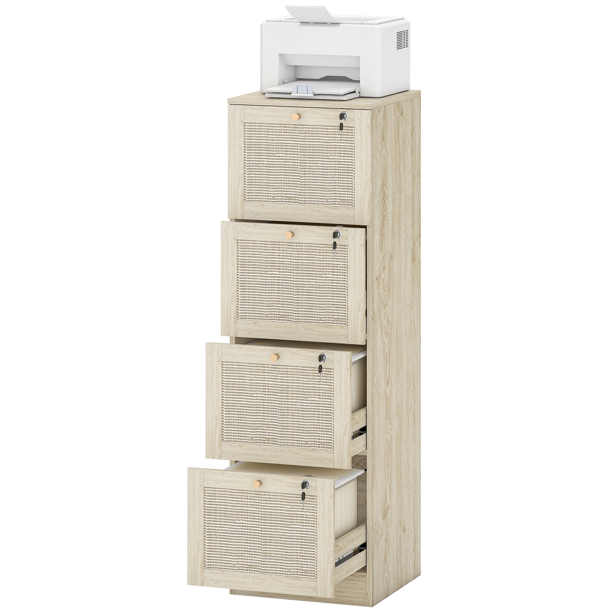 4-Drawer Boho Filing Cabinet with Lock - Oak Rattan-DECOROLALA