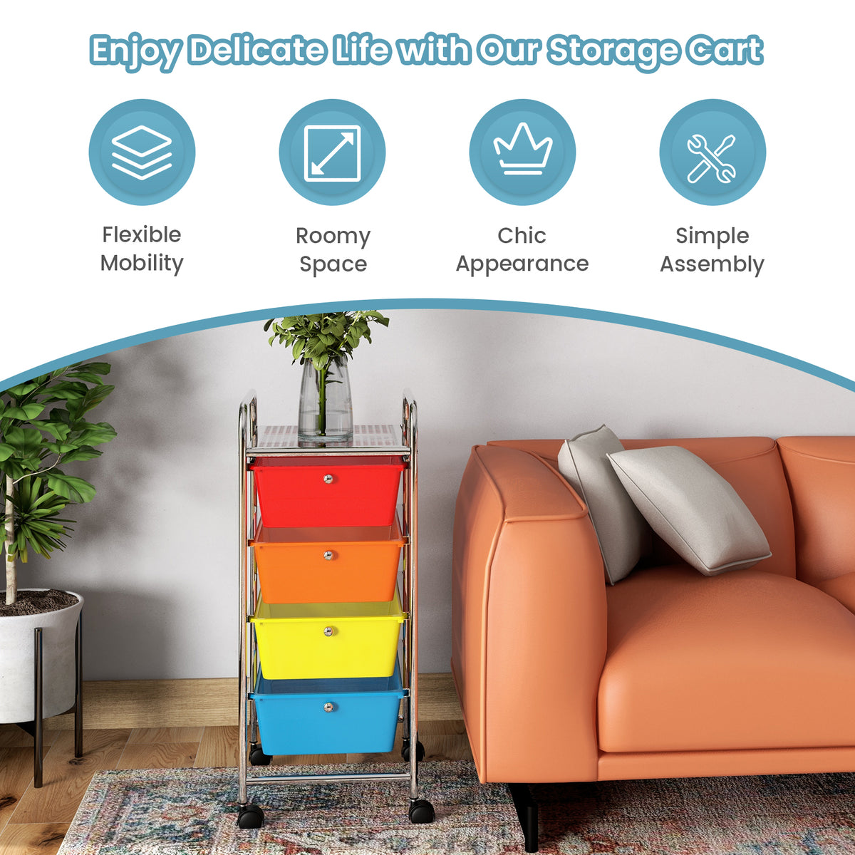 4-Drawer Cart Storage Bin Organizer Rolling with Plastic Drawers-Multicolor-File Cabinets-DECOROLALA