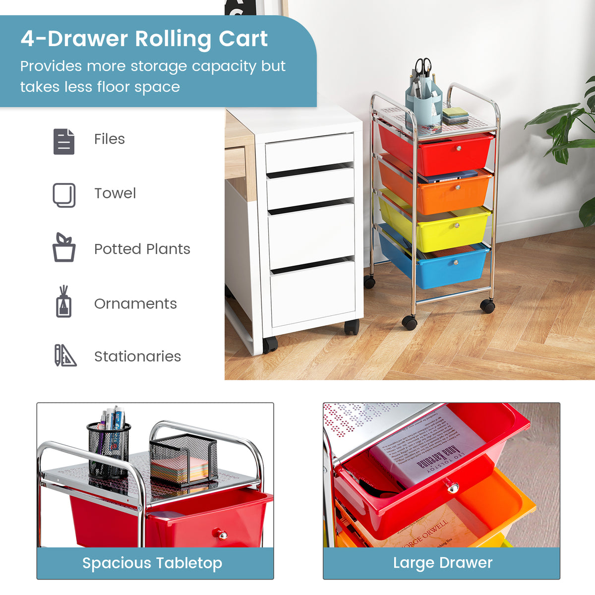 4-Drawer Cart Storage Bin Organizer Rolling with Plastic Drawers-Multicolor-File Cabinets-DECOROLALA
