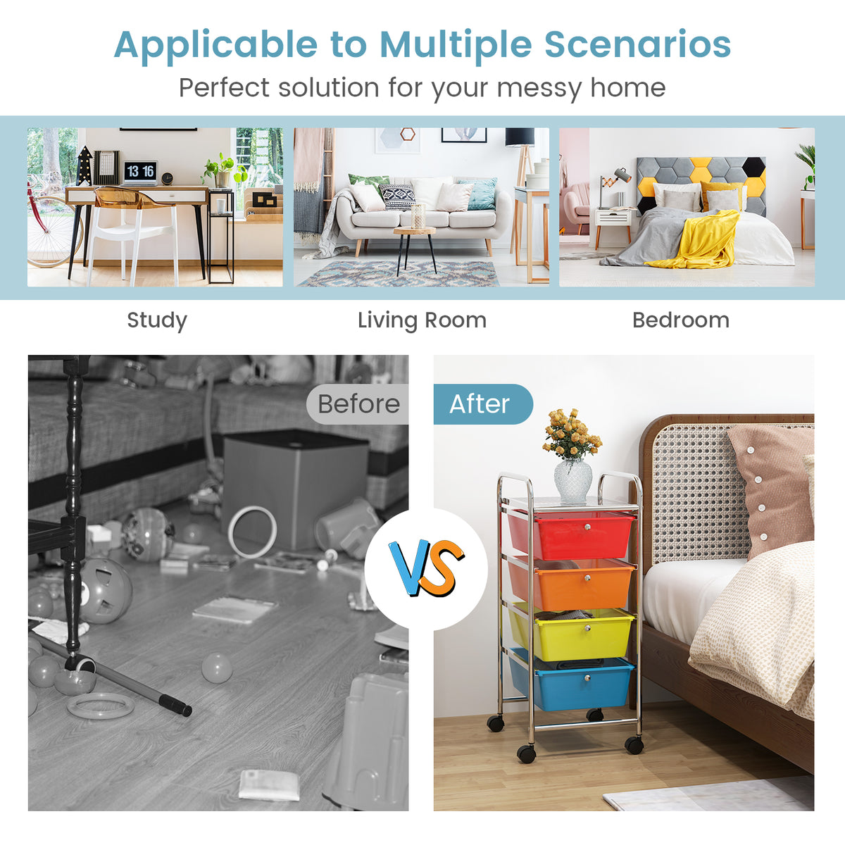 4-Drawer Cart Storage Bin Organizer Rolling with Plastic Drawers-Multicolor-File Cabinets-DECOROLALA