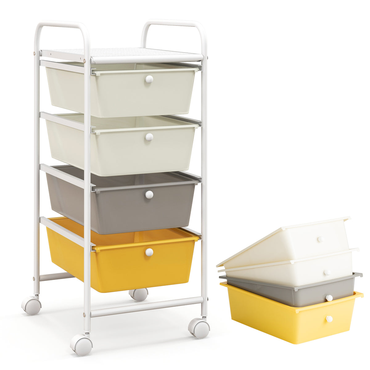 4-Drawer Cart Storage Bin Organizer Rolling with Plastic Drawers-Yellow-File Cabinets-DECOROLALA