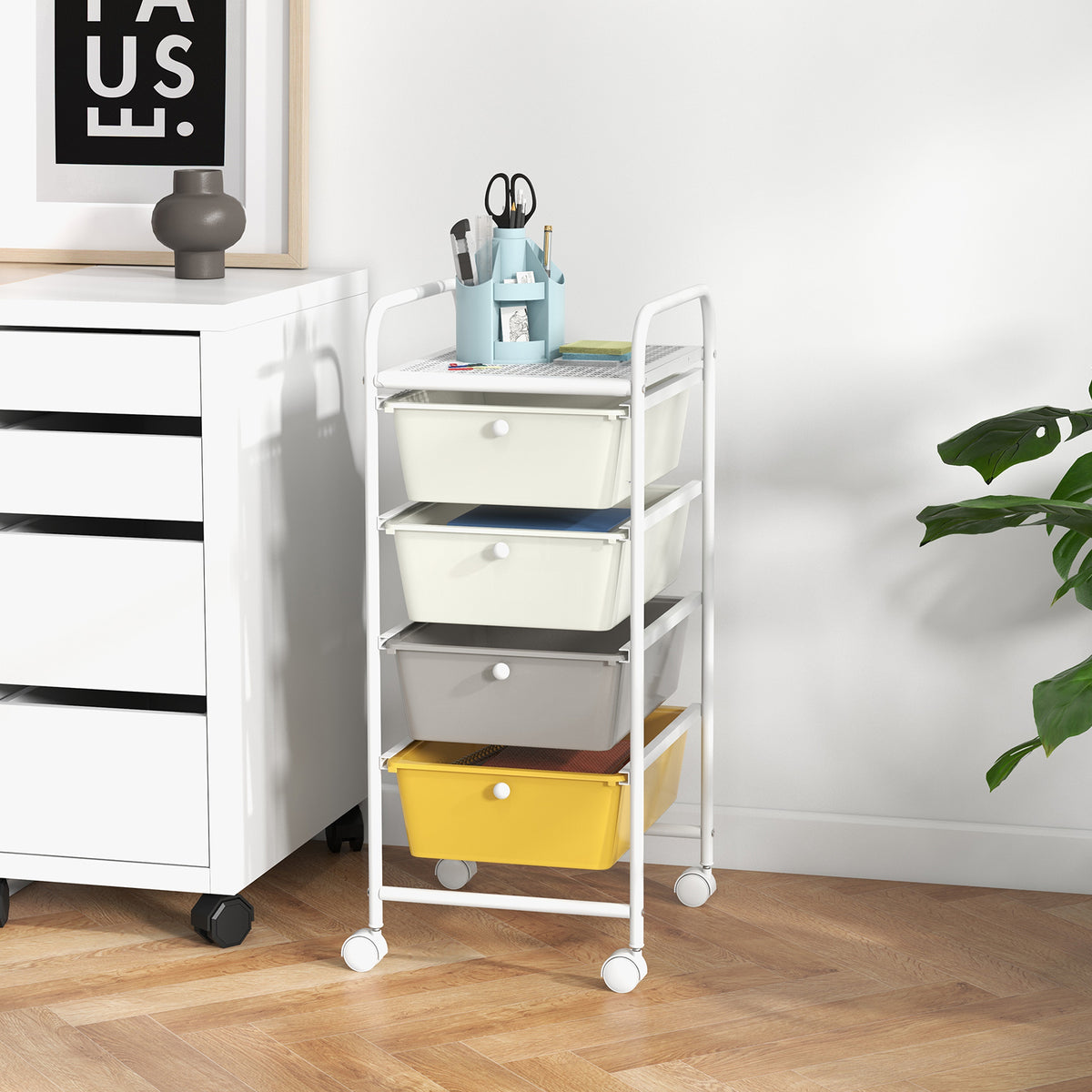 4-Drawer Cart Storage Bin Organizer Rolling with Plastic Drawers-Yellow-File Cabinets-DECOROLALA