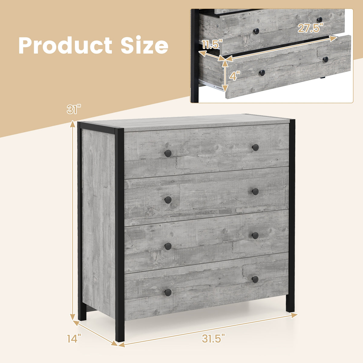 4-Drawer Dresser - Gray (min order qty 2)-Dressers & Chests-DECOROLALA