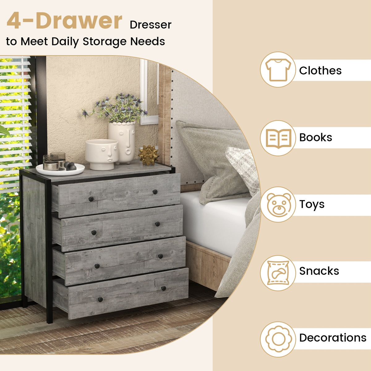 4-Drawer Dresser - Gray (min order qty 2)-Dressers & Chests-DECOROLALA