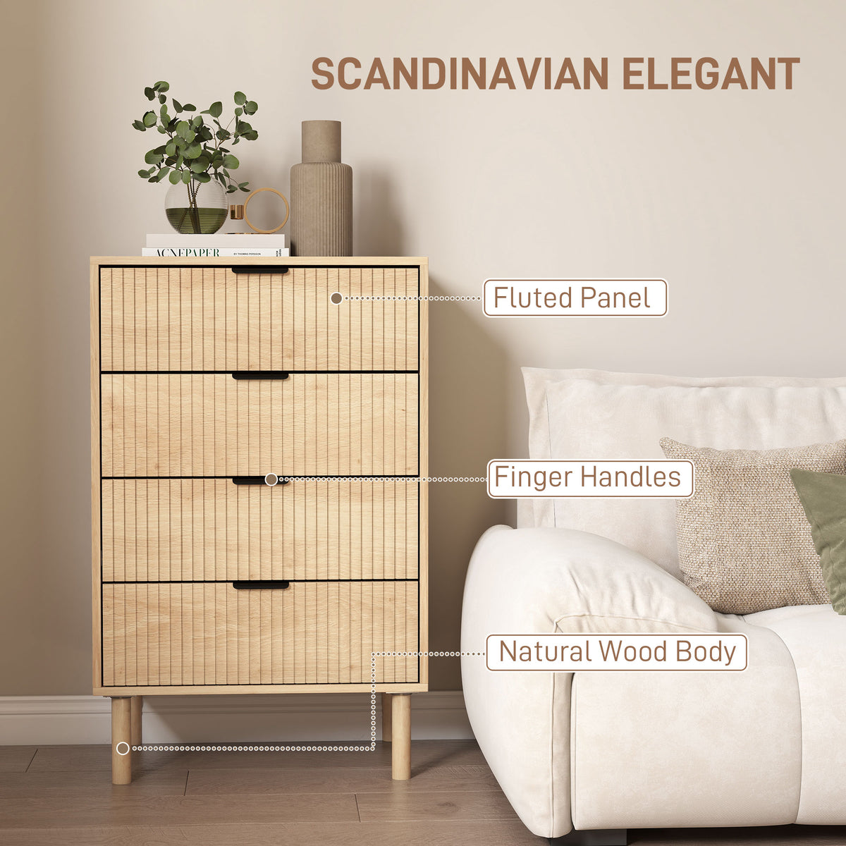 4 Drawer Dresser - Oak Scandinavian Fluted Chest-Dressers & Chests-DECOROLALA