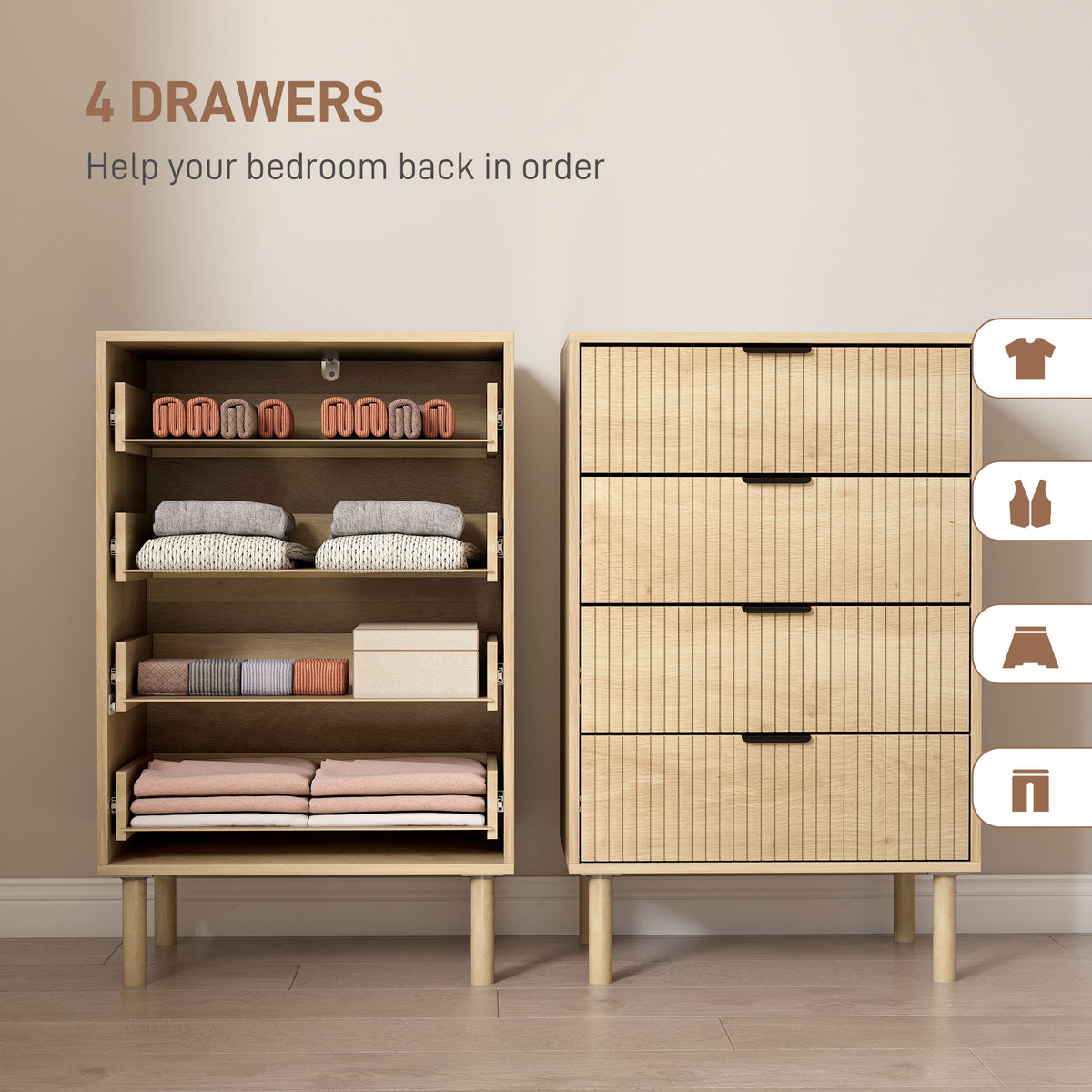 4 Drawer Dresser - Oak Scandinavian Fluted Chest-Dressers & Chests-DECOROLALA