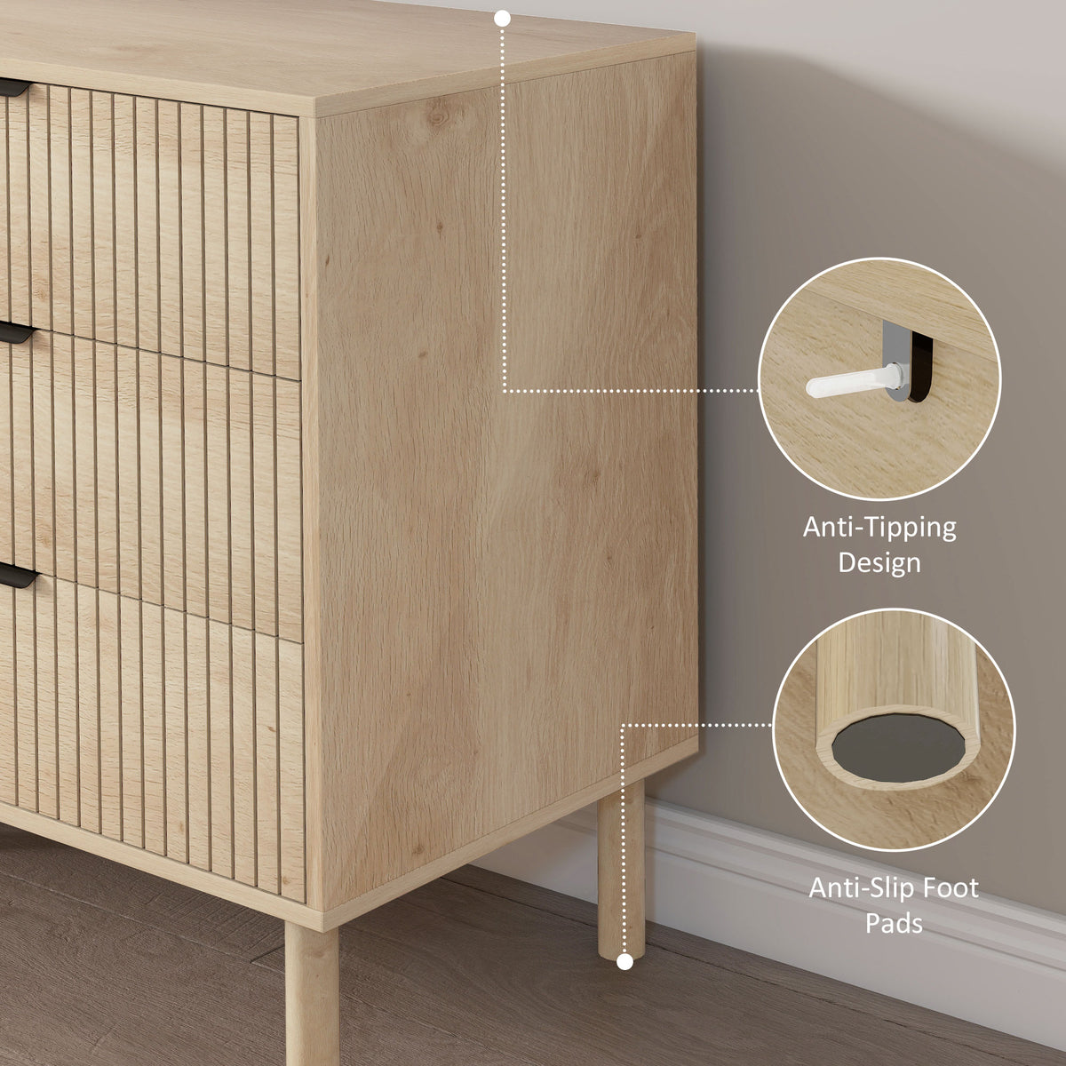 4 Drawer Dresser - Oak Scandinavian Fluted Chest-Dressers & Chests-DECOROLALA