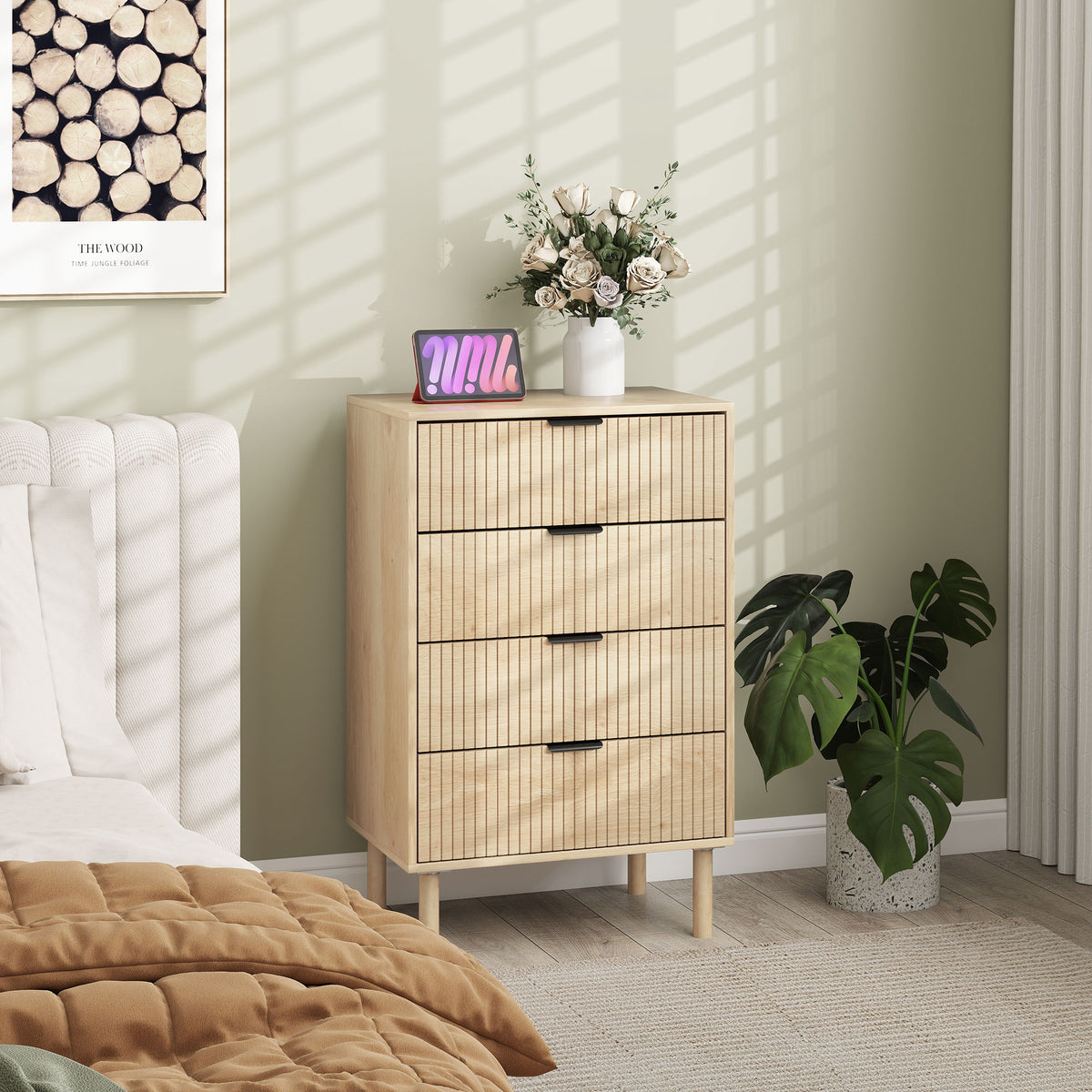 4 Drawer Dresser - Oak Scandinavian Fluted Chest-Dressers & Chests-DECOROLALA