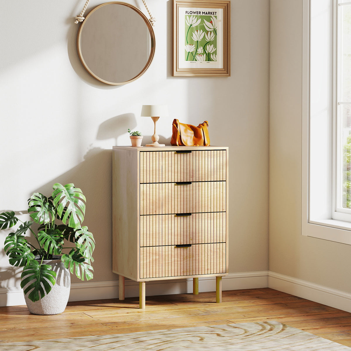 4 Drawer Dresser - Oak Scandinavian Fluted Chest-Dressers & Chests-DECOROLALA