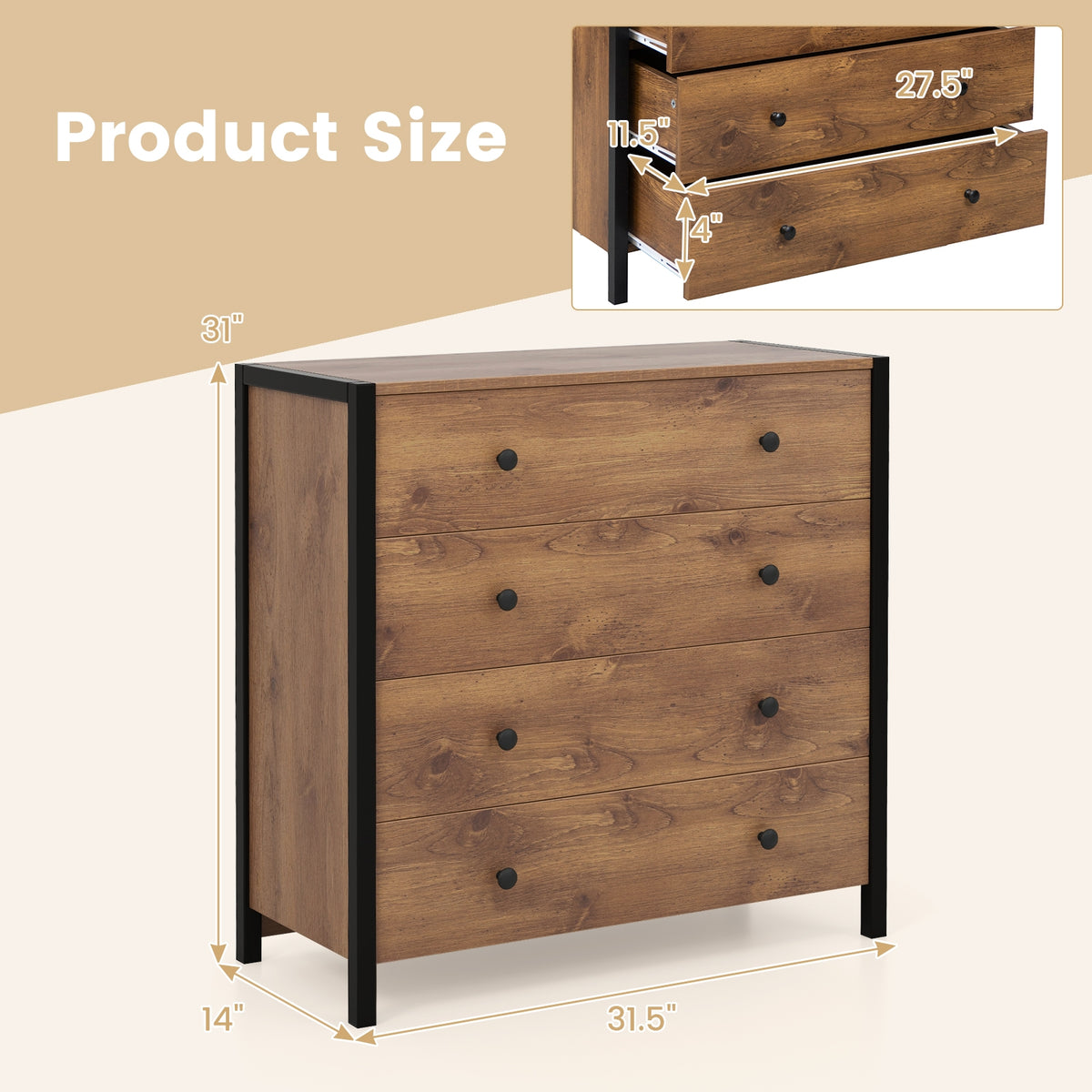 4-Drawer Dresser - Oak Wooden Chest (min order qty 2)-Dressers & Chests-DECOROLALA