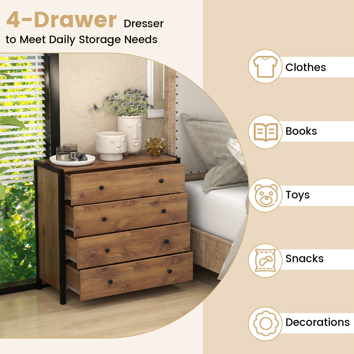 4-Drawer Dresser - Oak Wooden Chest (min order qty 2)-Dressers & Chests-DECOROLALA