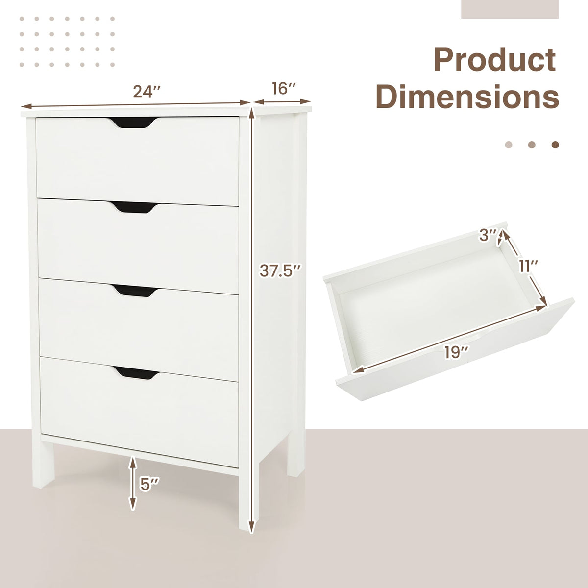 4-Drawer Dresser Wooden Nightstand with Anti-Tipping Kits-White-Dressers & Chests-DECOROLALA