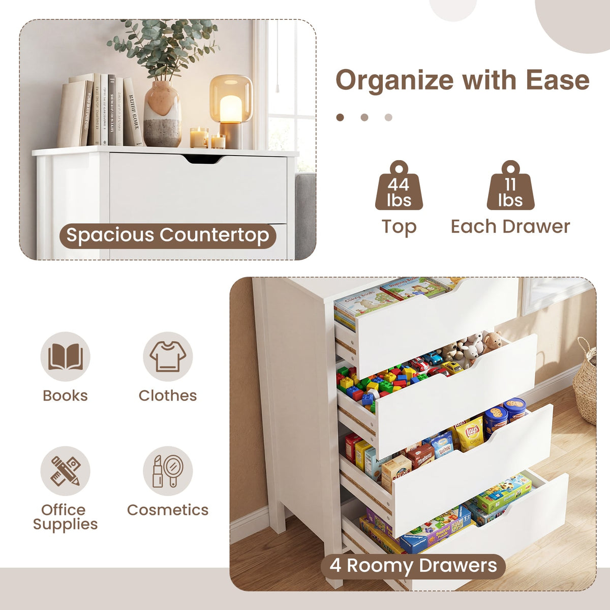 4-Drawer Dresser Wooden Nightstand with Anti-Tipping Kits-White-Dressers & Chests-DECOROLALA