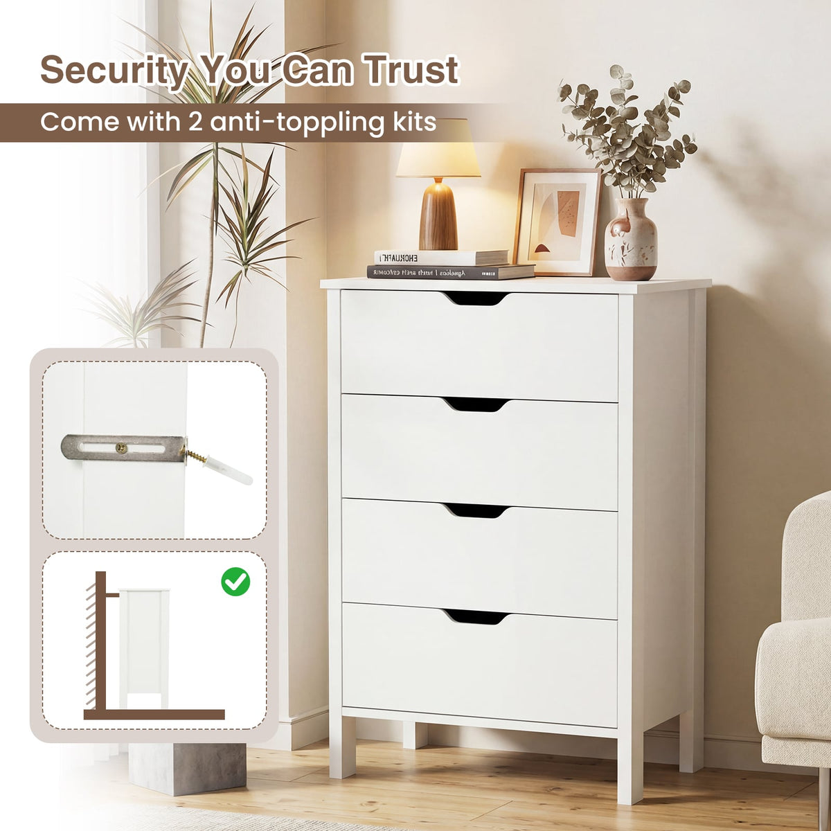 4-Drawer Dresser Wooden Nightstand with Anti-Tipping Kits-White-Dressers & Chests-DECOROLALA