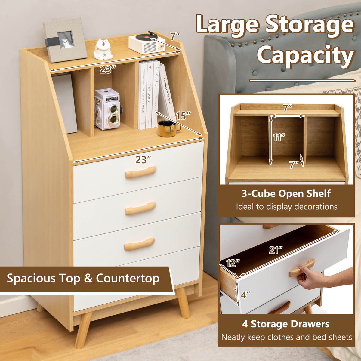 4-Drawer Dresser with 2 Anti-Tipping Kits - Natural (min order qty 2)-Dressers & Chests-DECOROLALA