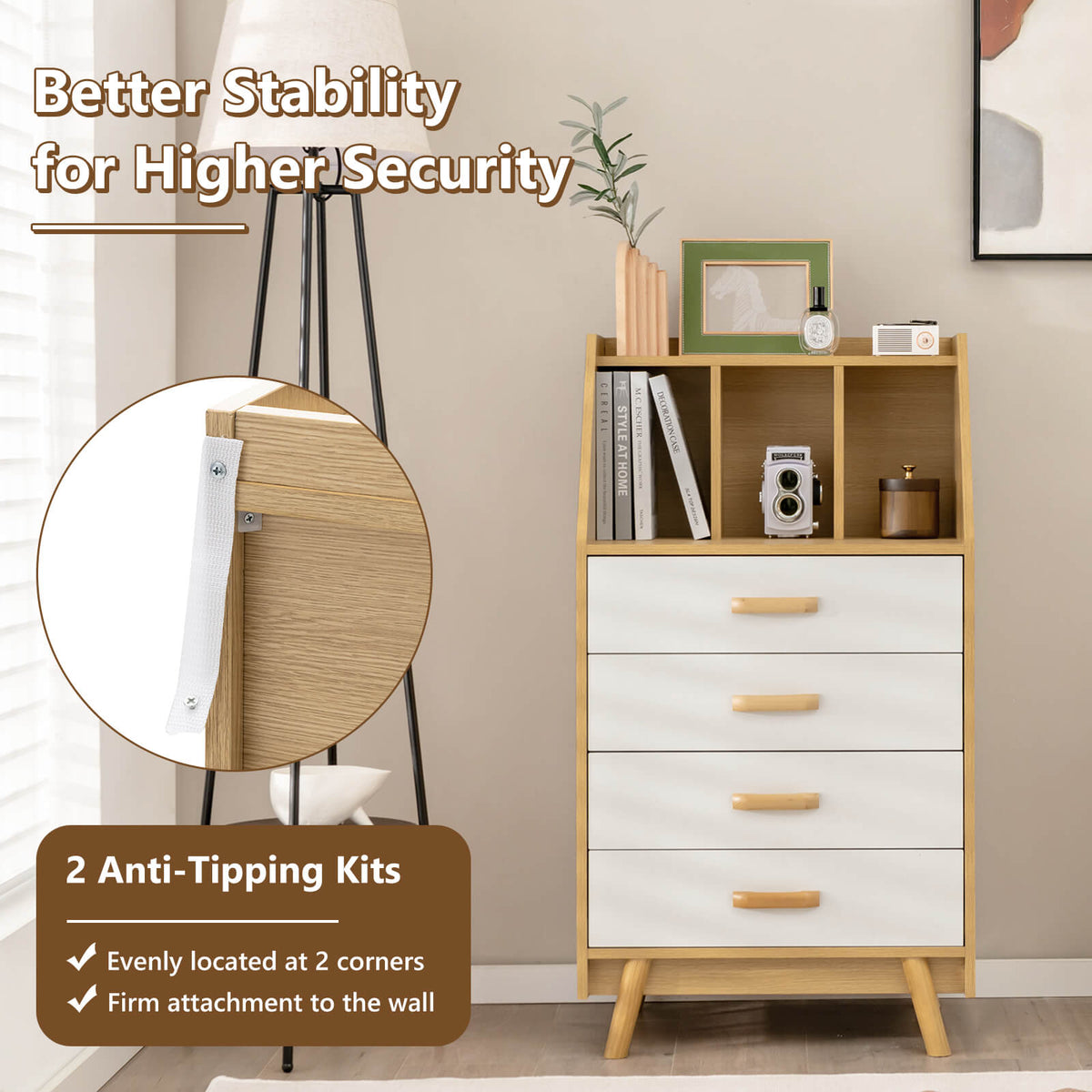 4-Drawer Dresser with 2 Anti-Tipping Kits - Natural (min order qty 2)-Dressers & Chests-DECOROLALA
