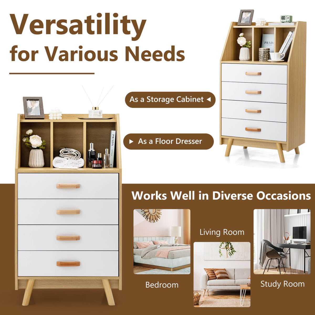 4-Drawer Dresser with 2 Anti-Tipping Kits - Natural (min order qty 2)-Dressers & Chests-DECOROLALA
