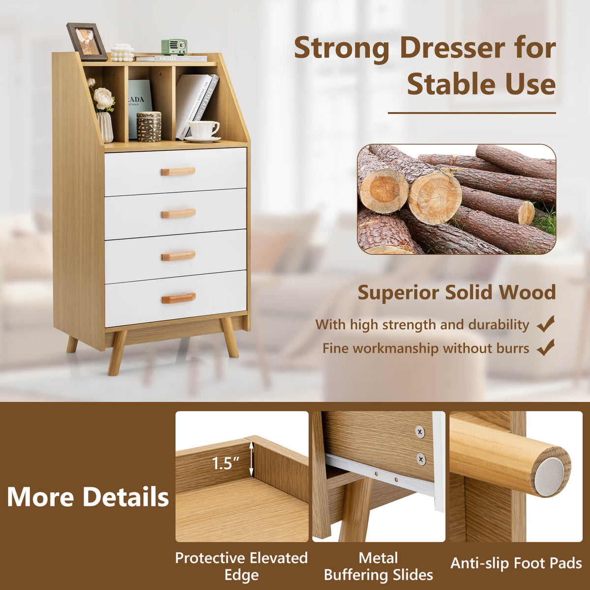 4-Drawer Dresser with 2 Anti-Tipping Kits - Natural (min order qty 2)-Dressers & Chests-DECOROLALA