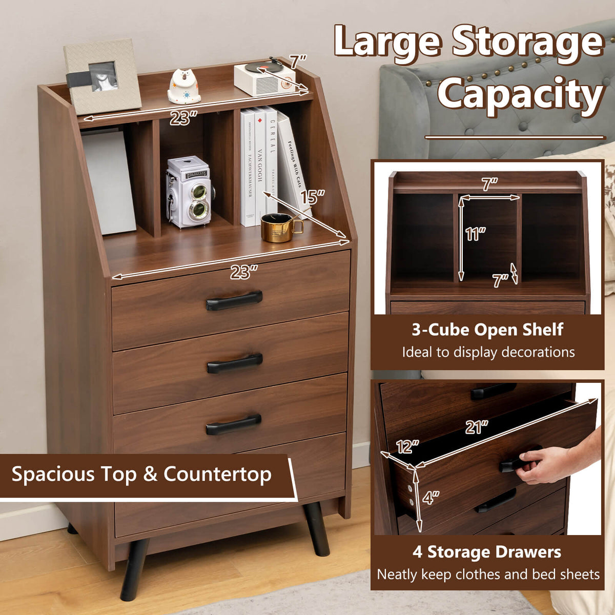4-Drawer Dresser with Anti-Tipping Kits - Walnut (min order qty 2)-Dressers & Chests-DECOROLALA