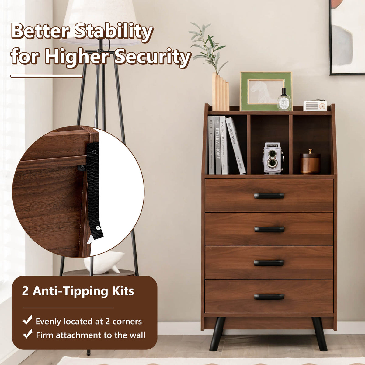 4-Drawer Dresser with Anti-Tipping Kits - Walnut (min order qty 2)-Dressers & Chests-DECOROLALA