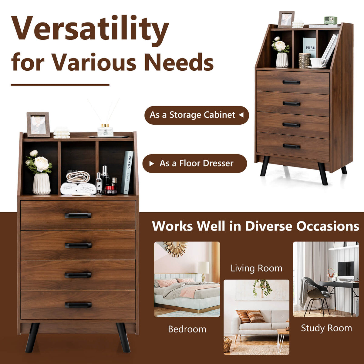 4-Drawer Dresser with Anti-Tipping Kits - Walnut (min order qty 2)-Dressers & Chests-DECOROLALA