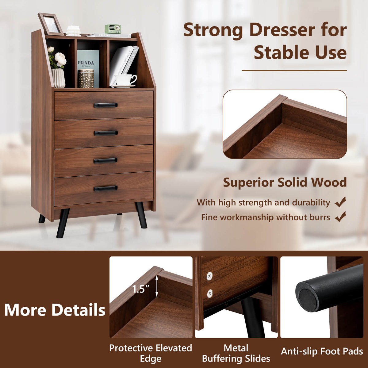 4-Drawer Dresser with Anti-Tipping Kits - Walnut (min order qty 2)-Dressers & Chests-DECOROLALA