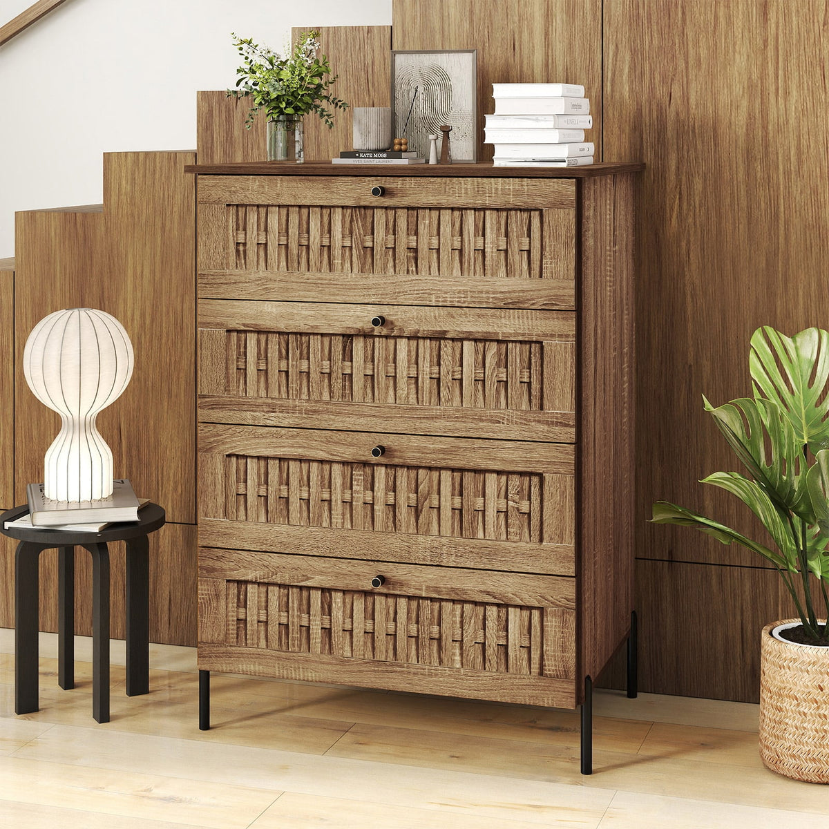 4-Drawer Dresser with Interlocking Mechanism and Metal Legs for Bedroom-Oak-Dressers & Chests-DECOROLALA